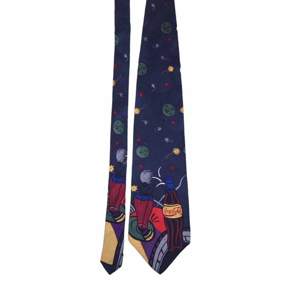 Vtg Coca Cola Neck Tie Men's Space Themed 100% Silk Coke Pop Novelty 90's Quirky